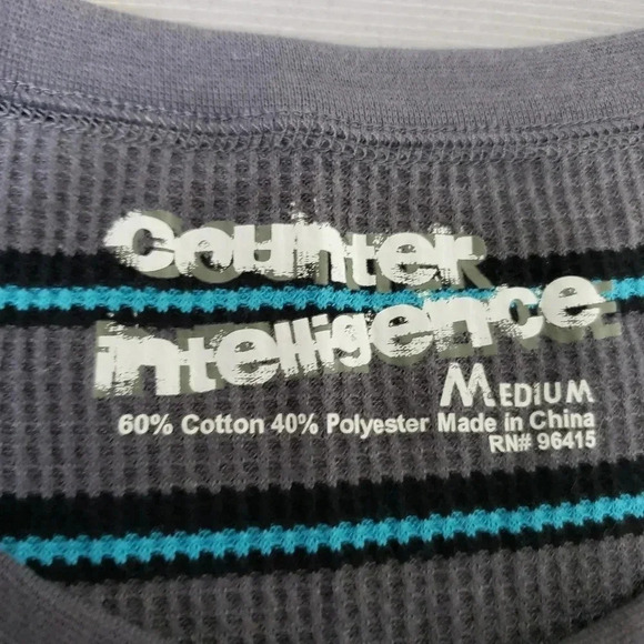 Thermal Shirt Crewneck Cotton Blend Gray Blue Stri - Picture 3 of 5